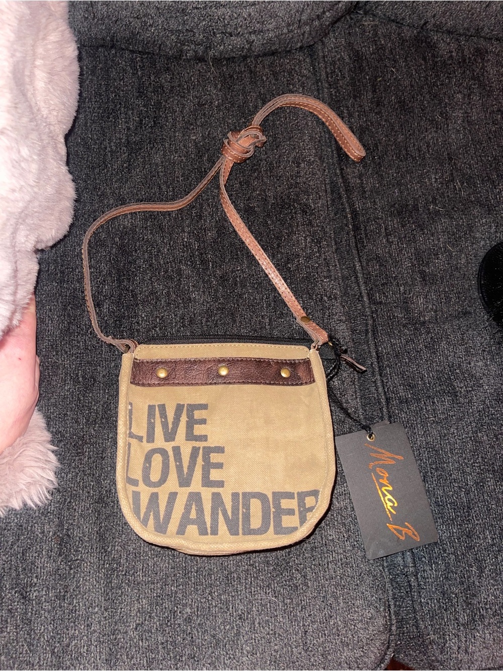 Mona B Live Love Wander Canvas Crossbody - Tan with Brown Trim